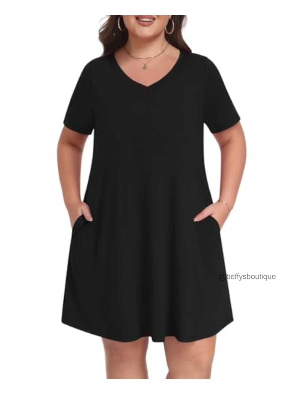 Plus Size Casual V Neck Short Sleeve Knee Length Dress with Pockets